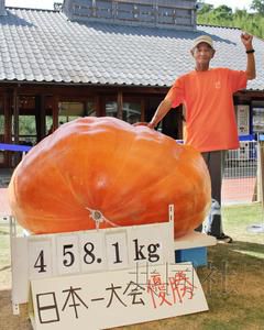 日本七旬老农种出458公斤重巨型南瓜(图)